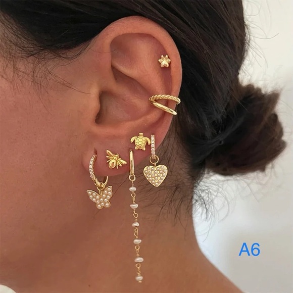 1pair Anthro 3-Hoops Gold Floral Black Multiple Slide-on Clip Ear Cuff Earrings - Picture 16 of 16